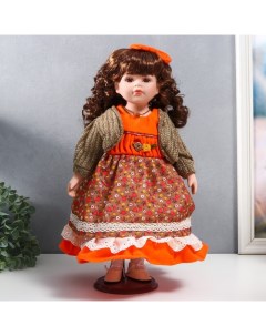 Кукла коллекционная керамика Вера в платье с мелкими цветами и горчичном джемпере 40 см Nobrand