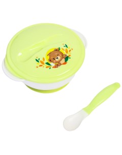 Набор детской посуды Друзья 3 предмета тарелка на присоске крышка ложка цвет зелёный Mum&baby