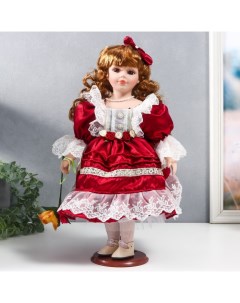 Кукла коллекционная керамика Наташа в бордовом платье с рюшами с бантом в волосах 40 см Nobrand