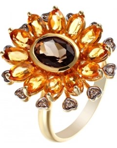Кольцо Цветок с бриллиантами цитринами раухтопазом из желтого золота Джей ви