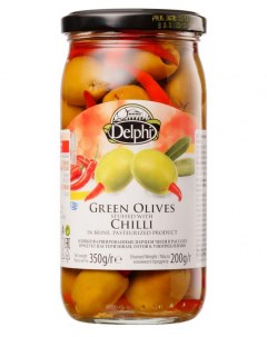 Оливки фаршированные перцем чили в рассоле 350г Delphi