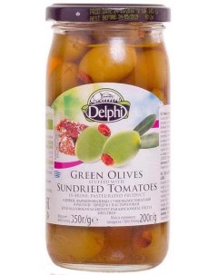Оливки фаршированные сушеными томатами в рассоле 350г Delphi