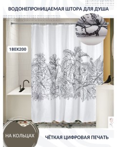 Водоотталкивающая тканевая штора для ванной комнаты Чёрно белые цветы Bunting house