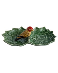 Блюдо двухсекционное Листья 22 см с красной птичкой керамика Bordallo pinheiro