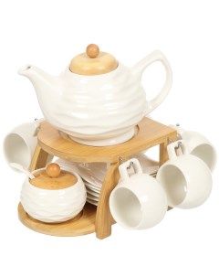 Набор чайный керамика 14 предметов на 6 персон 140 мл деревянная подставка Y4 3552 Nobrand