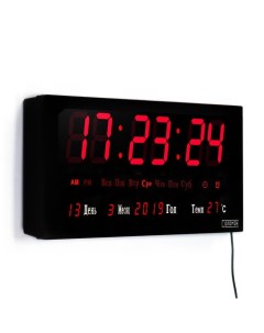 Часы настенные электронные будильник термометр 36 х 15 х 2 8 см красные цифры Соломон