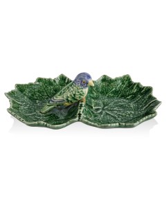 Блюдо двухсекционное Листья 22 см с синей птичкой керамика Bordallo pinheiro