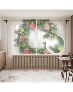 Тюль для кухни и спальни Новогодний венок 290x180 см Joyarty