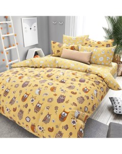 Комплект постельного белья Совята желтый поплин Премиум полутораспальный Домашняя мода