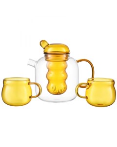 Чайник стеклянный с двумя чашками желтый 1 2 л Smart solutions