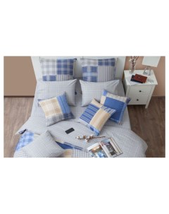 Комплект постельного белья Манчестер синий Евро Хлопковый край