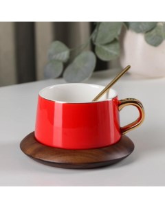 Чайная пара керамическая с ложкой Улун чашка 280 мл блюдце d 13 см цвет красный Nobrand