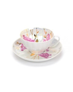 Чашка чайная с блюдцем Белый лебедь Розовая сирень 275 мл Дулевский фарфор