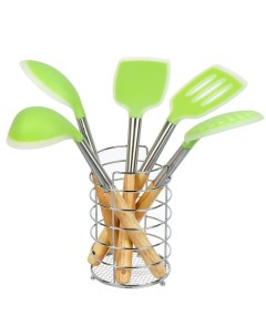 Набор кухонных принадлежностей 5 предметов силикон на подставке салатовый Y4 6435 Nobrand
