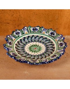 Тарелка Риштанская Керамика Цветы синяя рильефная 17 см микс Шафран
