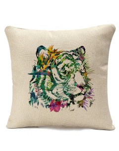 Подушка бежевая Краски Тигры Цветы Coolpodarok