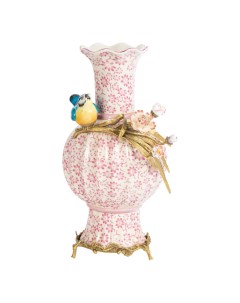 Ваза фарфоровая декоративная с птичкой 38 см розовая Гласар
