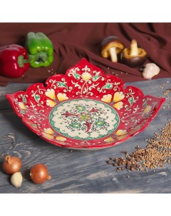 Фруктовница Риштанская Керамика Цветы 29 см квадратная красная Шафран