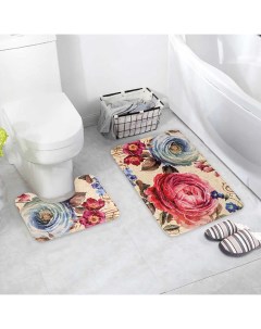 Набор ковриков для ванны и туалета Пионы 2 шт 39x49 50x80 серый Доляна