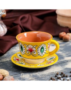 Чайная пара Риштанская Керамика Цветы 100 мл тарелка 10см чашка 7 5см жёлтая Шафран