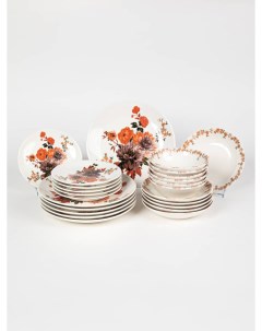 Набор фарфоровых тарелок 24 пр на 6 пер Цветы красные Tulu porselen