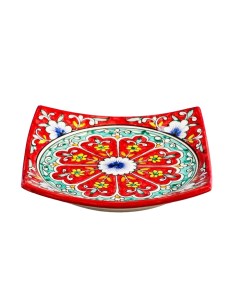 Тарелка Риштанская Керамика Узоры красная 17 см квадратная Шафран