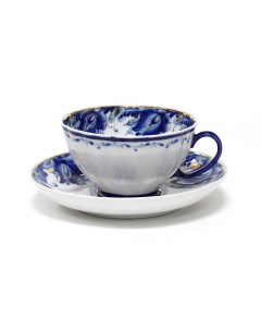 Чашка с блюдцем чайная Голубые тюльпаны Золото 275 мл Гжельская мануфактура