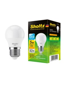 Светодиодная лампа шар 5Вт E27 3000К G45 220 240В пластик Sholtz