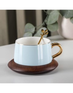 Чайная пара керамическая с ложкой Улун чашка 280 мл блюдце 13 см светло голубой Nobrand