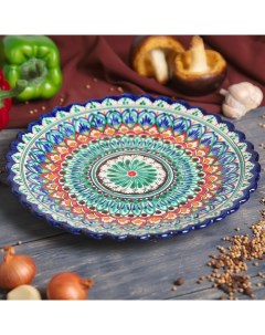Тарелка Риштанская Керамика Цветы синяя рильефная 25см Шафран