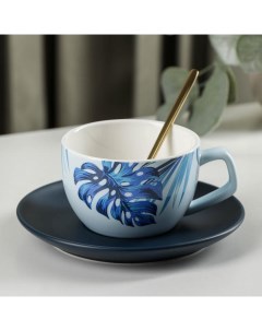 Чайная пара керамическая Ариэль чашка 250 мл 11 5х8 5х5 8 см ложка блюдце голубой Nobrand