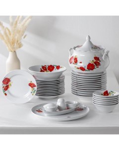 Сервиз столовый Маки красные 37 предметов 2 вида тарелок Добрушский фарфоровый завод