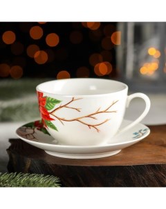 Чайная пара Новый год Пуансеттия чашка 280 мл блюдце d 15 см Magistro