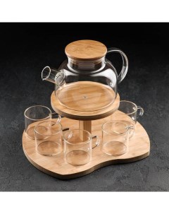 Набор чайный на деревянной подставке Эко 6 предметов чайник 1 1 л 5 кружек 120 мл Nobrand