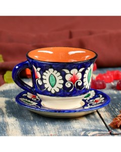 Чайная пара Риштанская Керамика Цветы 100 мл тарелка 10см чашка 7 5см синяя Шафран
