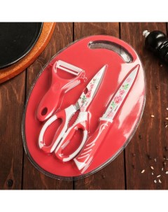 Набор кухонный нож ножницы с антиналипающим покрытием овощечистка красный Доляна