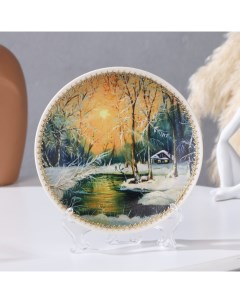 Тарелка декоративная Зимний лес с рисунком на холсте D 15 см Nobrand