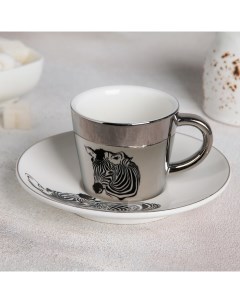 Чайная пара керамическая Зазеркалье Зебра чашка 200 мл блюдце 17 см Nobrand