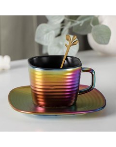 Чайная пара керамическая Rainbow чашка 200 мл блюдце 14 5 см ложка Nobrand