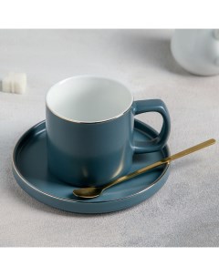 Чайная пара керамическая Грация чашка 220 мл блюдце 14 5 см ложка серо синий матовый Nobrand