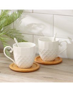 Набор чайный керамический Эстет 6 шт 2 чашки 350 мл 2 деревянных блюдца 2 ложки Доляна