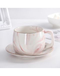 Чайная пара керамическая Мрамор чашка 250 мл блюдце 13 5 см розовый Nobrand