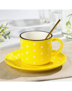 Чайная пара керамическая Горошек чашка 220 мл блюдце 15 см ложка желтый Nobrand