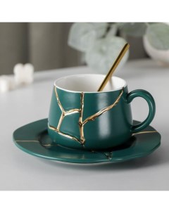 Чайная пара керамическая Кракле с золотом чашка 250 мл блюдце ложка зеленый Nobrand