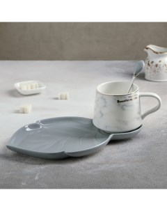 Чайная пара керамическая Листочек чашка 320 мл блюдце 25 5х16 см ложка серый Nobrand