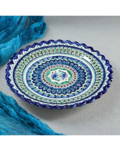Тарелка Риштанская Керамика Цветы синяя рильефная 25 см Шафран