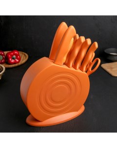 Набор кухонных принадлежностей на подставке 8 ножей ножеточка ножницы цвет оранжевый Nobrand