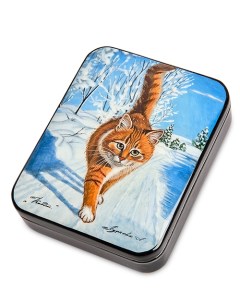 Шкатулка Котик на снегу ручная работа Народные промыслы