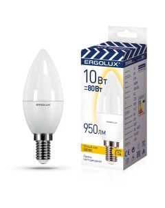 Лампа светодиодная LED C35 10W 80W E14 3K теплый свет Ergolux