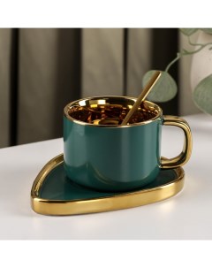 Чайная пара с ложкой Капля чашка 240 мл блюдце 15 3 11 6 см цвет изумруд Nobrand